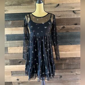Eyeshadow Black Floral Sheer Tulle Long Sleeve MIDI Dress